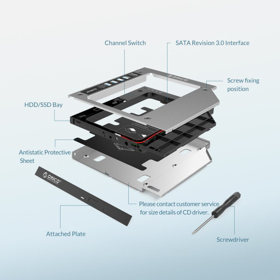 Кади за лаптоп Orico Laptop Caddy 9.0-9.5mm SATA3 with LED/switch - M95SS-SV