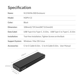 Външна кутия за диск Orico Storage - Case - M.2 NVMe M-key 10 Gbps - M2PV-C3-BK-BP