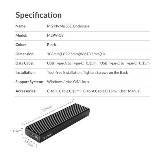 Външна кутия за диск Orico Storage - Case - M.2 NVMe M-key 10 Gbps - M2PV-C3-BK-BP