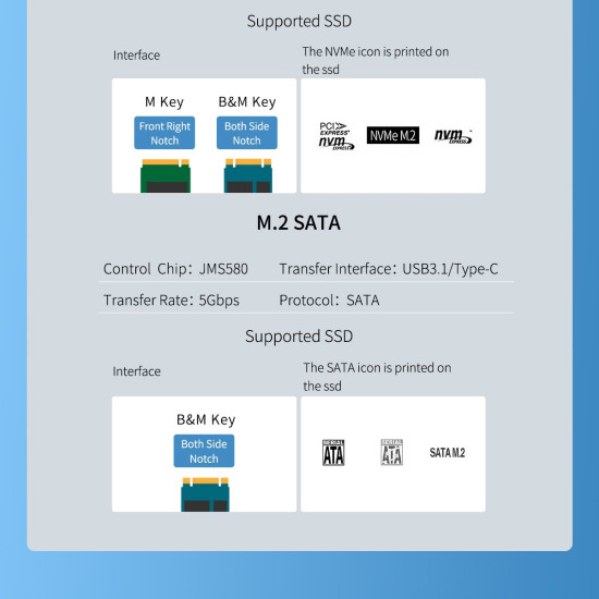 Външна кутия за диск Orico Storage - Case - M.2 NVMe/SATA M/B key - USB3.1 Type-C Gen.2 10Gbps, Blue - TCM2M-C3