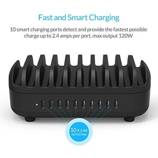 Зарядна станция Orico Charger Station, 220V, 10 x USB, 120W, Черна, DUK-10P-EU-BK
