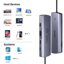 Докинг станция Unitek Type-C Docking Station PD3.0 100W, HDMI, USB-C x 1, USB3.0 x 3, LAN, SD, VGA, D1113A