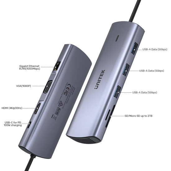 Докинг станция Unitek Type-C Docking Station PD3.0 100W, HDMI, USB-C x 1, USB3.0 x 3, LAN, SD, VGA, D1113A