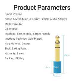 Адаптер Vention Audio 6.5mm M / 3.5mm F - Blue - VAB-S01-L