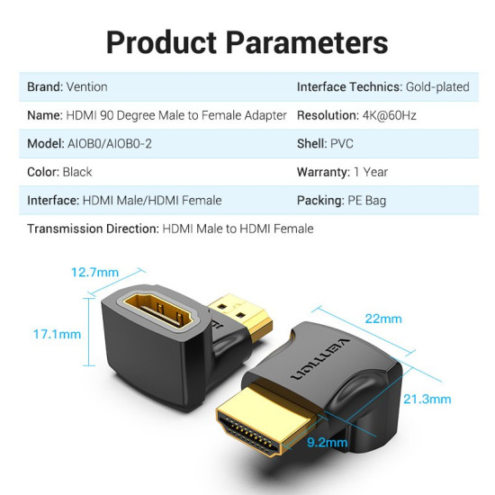 Адаптер Vention HDMI Right Angle 90 Degree M/F - AIOB0