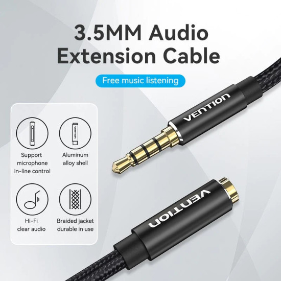 Аудио кабел Vention Cotton Braided TRRS 3.5mm Male to 3.5mm F - 1m - Gold plated, Aluminum alloy - BHCBF