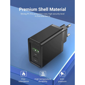 Зарядно Vention Fast Charger Wall - QC4.0, PD Type-C + QC3.0 USB A, 20W Black - FBBB0