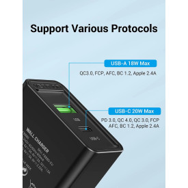 Зарядно Vention Fast Charger Wall - QC4.0, PD Type-C + QC3.0 USB A, 20W Black - FBBB0