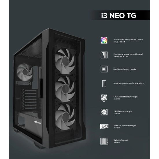 Кутия за компютър Zalman Case ATX - I3 NEO TG Black - aRGB, Tempered Glass