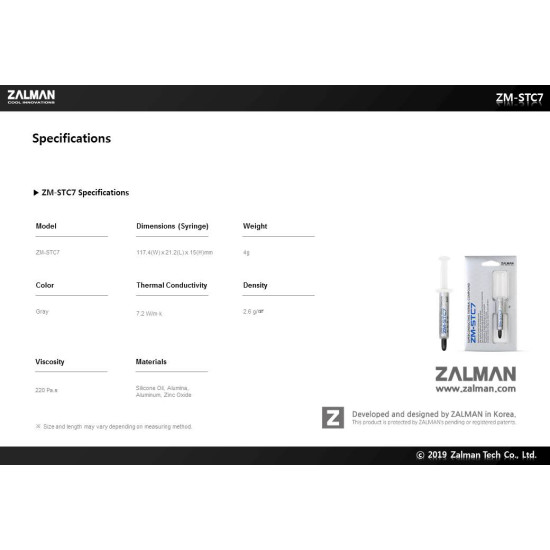 Термопаста Zalman 7.2W/mK 4g - ZM-STC7