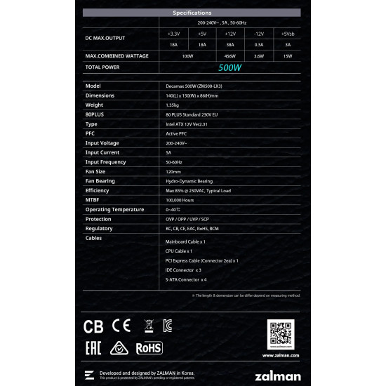 Захранване Zalman PSU DecaMax 500W 80+ ZM500-LX3
