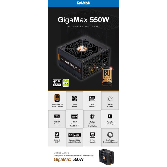 Захранване Zalman PSU GigaMax 550W Bronze ZM550-GVII