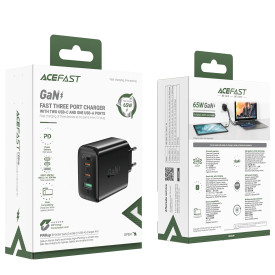 Зарядно Acefast Charger Wall GaN PD65W - A41 - USB-C x 2, USB-A x 1, Black
