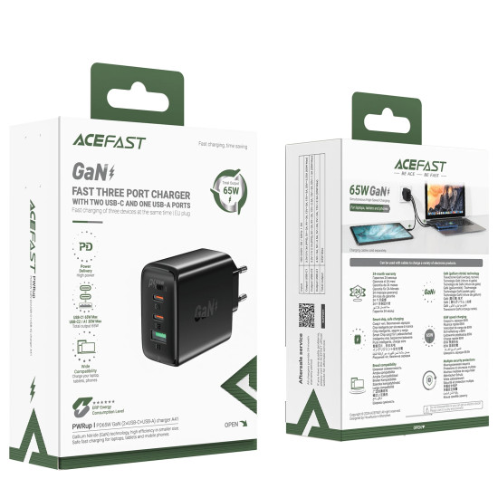 Зарядно Acefast Charger Wall GaN PD65W - A41 - USB-C x 2, USB-A x 1, Black