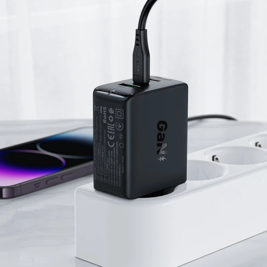 Зарядно Acefast Charger Wall GaN PD65W - A41 - USB-C x 2, USB-A x 1, Black
