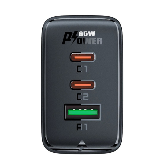 Зарядно Acefast Charger Wall GaN PD65W - A41 - USB-C x 2, USB-A x 1, Black