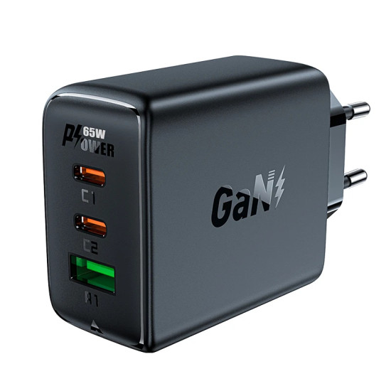 Зарядно Acefast Charger Wall GaN PD65W - A41 - USB-C x 2, USB-A x 1, Black