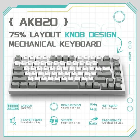 Клавиатура Ajazz Gaming Mechanical Keyboard AK820 - AS Red Switch [Linear] (English US), Gray White, White Light