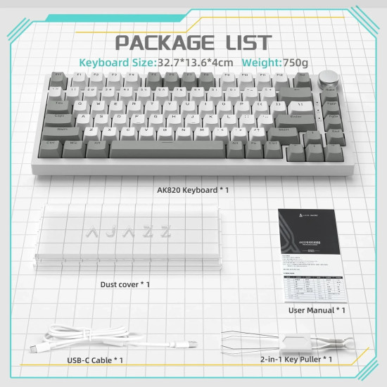 Клавиатура Ajazz Gaming Mechanical Keyboard AK820 - AS Red Switch [Linear] (English US), Gray White, White Light
