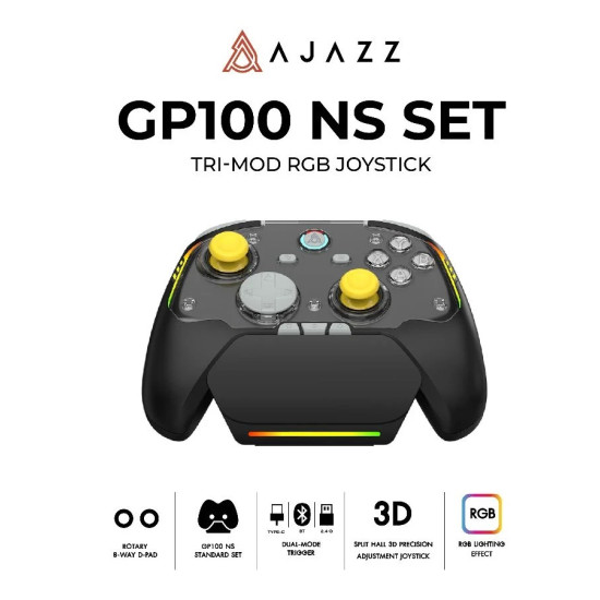 Безжичен контролер Ajazz Gamepad Set GP100 NS - Hall Effect, 1000Hz, Wireless, Bluetooth, 1000Hz - Black, Gray, Yellow