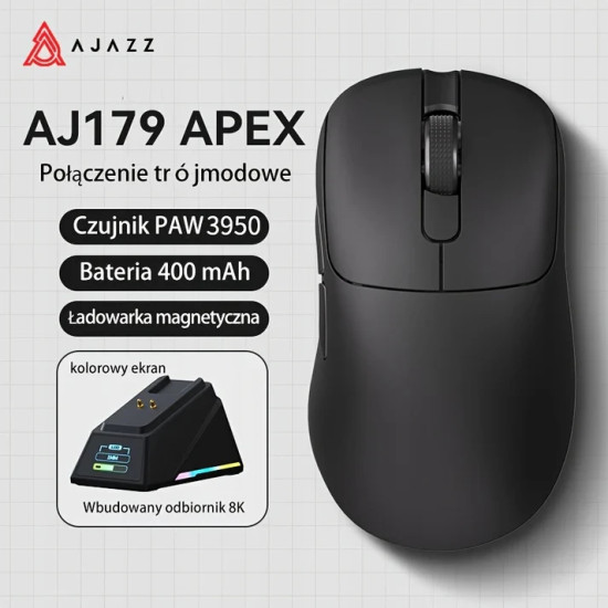 Безжична мишка Ajazz AJ179 APEX - Wireless Gaming Mouse - 8K, Magnetic Charging Dock, Black