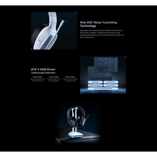 Безжични слушалки ATK Wireless Gaming Headphones - M1 Mercury White - Bluetooth 5.3, 2.4G, ENC, Virtual 7.1 Surround