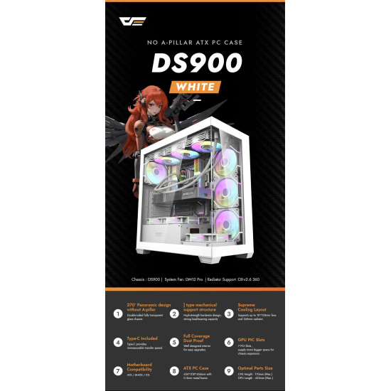 Кутия за компютър Darkflash Case ATX - DS900 White - USB-C