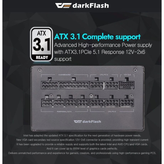 Захранване DarkFlash ATX-31, 1250W Gold, Full Modular, PCIe 5.1, PMT1250-A3