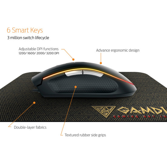 Геймърски комплект Gamdias Gaming Mouse - ZEUS E2 OPTICAL + PAD NYX E1 - 3200dpi, backlight