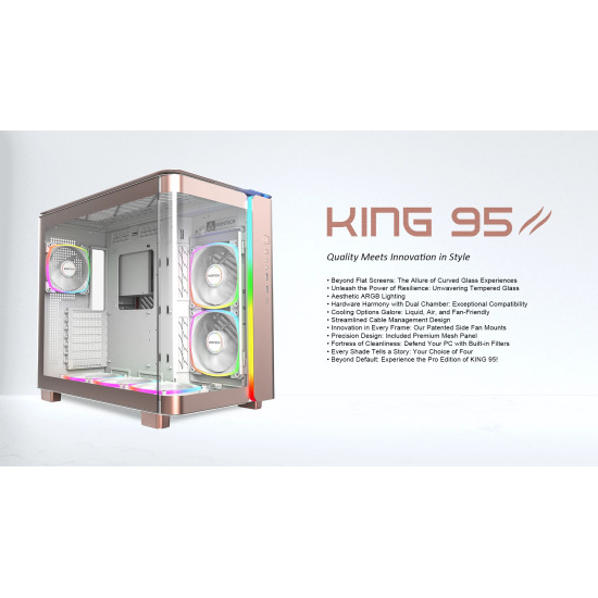 Кутия за компютър Montech KING 95 Pro, Dual Chamber Mid-tower Case, 6 ARGB Fans, 2 Front Panels, Rose Gold