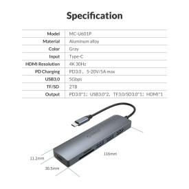 Докинг станция Orico Docking Station Type-C Power Distribution 3.0 100W - Card Reader, HDMI, Type-C x 1, USB3.0 x2 - MC-U601P