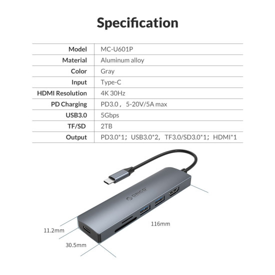 Докинг станция Orico Docking Station Type-C Power Distribution 3.0 100W - Card Reader, HDMI, Type-C x 1, USB3.0 x2 - MC-U601P