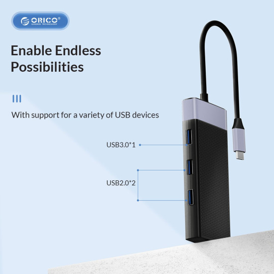 Докинг станция Orico Type-C Docking Station Power Distribution 3.0 87W - HDMI, Type-C x 1, USB3.0 x 1, USB 2.0 x 2, LAN, SD, VGA, Audio - MDK-10P-BK