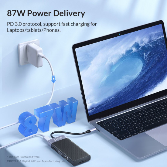 Докинг станция Orico Type-C Docking Station Power Distribution 3.0 87W - HDMI, Type-C x 1, USB3.0 x 1, USB 2.0 x 2, LAN, SD, VGA, Audio - MDK-10P-BK