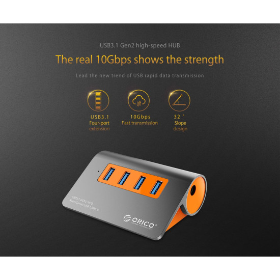 USB хъб Orico USB 3.1 Gen2 10Gbps HUB 4 port Aluminum Grey/Orange - M3H4-G2-OG