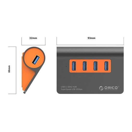 USB хъб Orico USB 3.1 Gen2 10Gbps HUB 4 port Aluminum Grey/Orange - M3H4-G2-OG