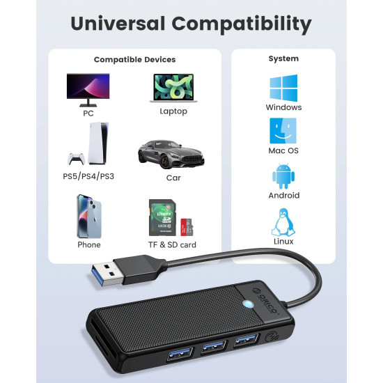 USB хъб Orico USB3.0 HUB White - 3 x USB3.0, SD, TF - PAPW3AT-U3-015-WH