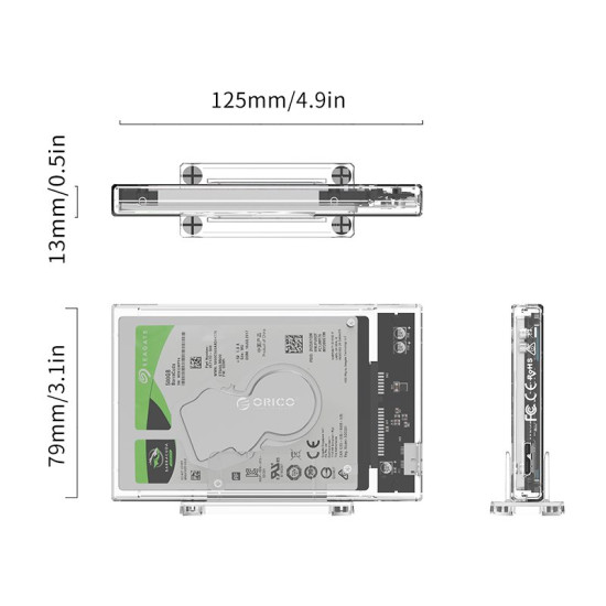 Външна кутия за диск Orico Storage - Case - 2.5 inch USB3.0 with Stand, UASP, transparent - 2159U3-CR