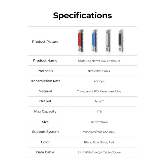Външна кутия за диск Orico Storage - Case - M.2 NVMe M key - 40Gbps, USB-A/USB-C - TCM2-U4-BK-BP