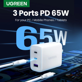 Зарядно Ugreen Charger Wall 65W GaN CD275, 1 x USB-A, 2 x Type-C - 90496