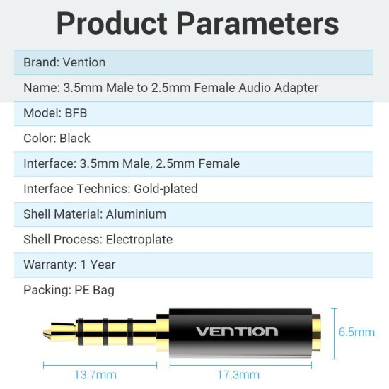 Адаптер Vention Audio 3.5mm M / 2.5mm F Black Metal - BFBB0