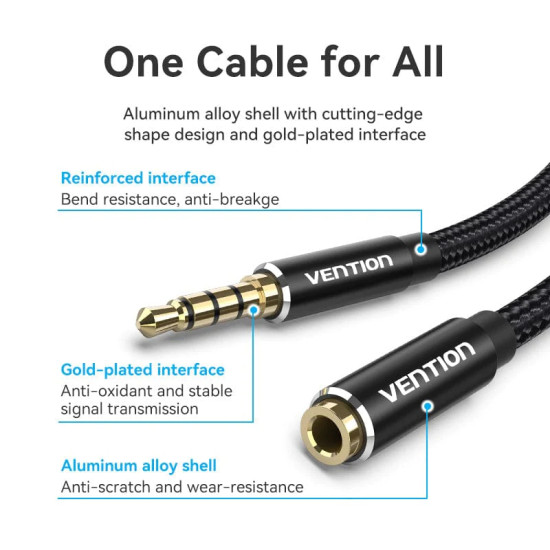 Аудио кабел Vention Cotton Braided TRRS 3.5mm Male to 3.5mm F - 1.5m - Gold plated, Aluminum alloy - BHCBG