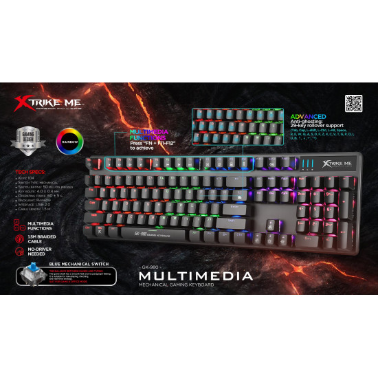 Клавиатура Xtrike ME Gaming Keyboard Mechanical 104 keys GK-980 - Blue switches, Rainbow backlight