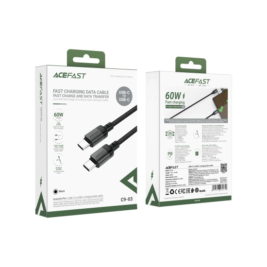 USB кабел Acefast USB-C to USB-C Cable 60W Nylon Braided 1.20m - C9-03 - Black