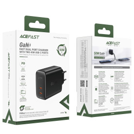 Зарядно Acefast Charger Wall GaN PD50W - A29 - USB-C x 2, Black
