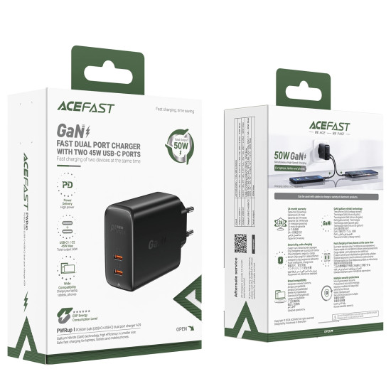 Зарядно Acefast Charger Wall GaN PD50W - A29 - USB-C x 2, Black