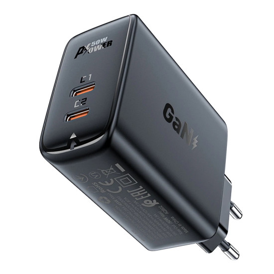 Зарядно Acefast Charger Wall GaN PD50W - A29 - USB-C x 2, Black