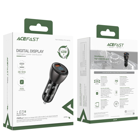 Зарядно за кола Acefast Fast Charger Car PD3.0 63W - B6 - USB-A x 1, USB-C x 1, Black