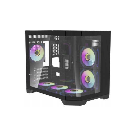 Кутия за компютър Aigo MATX FT418, 6 x 120 mm ARGB fans, Transparent side panel, Black