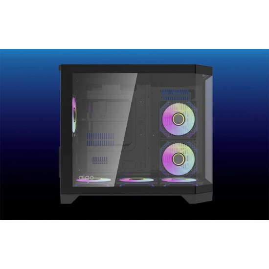 Кутия за компютър Aigo MATX FT418, 6 x 120 mm ARGB fans, Transparent side panel, Black
